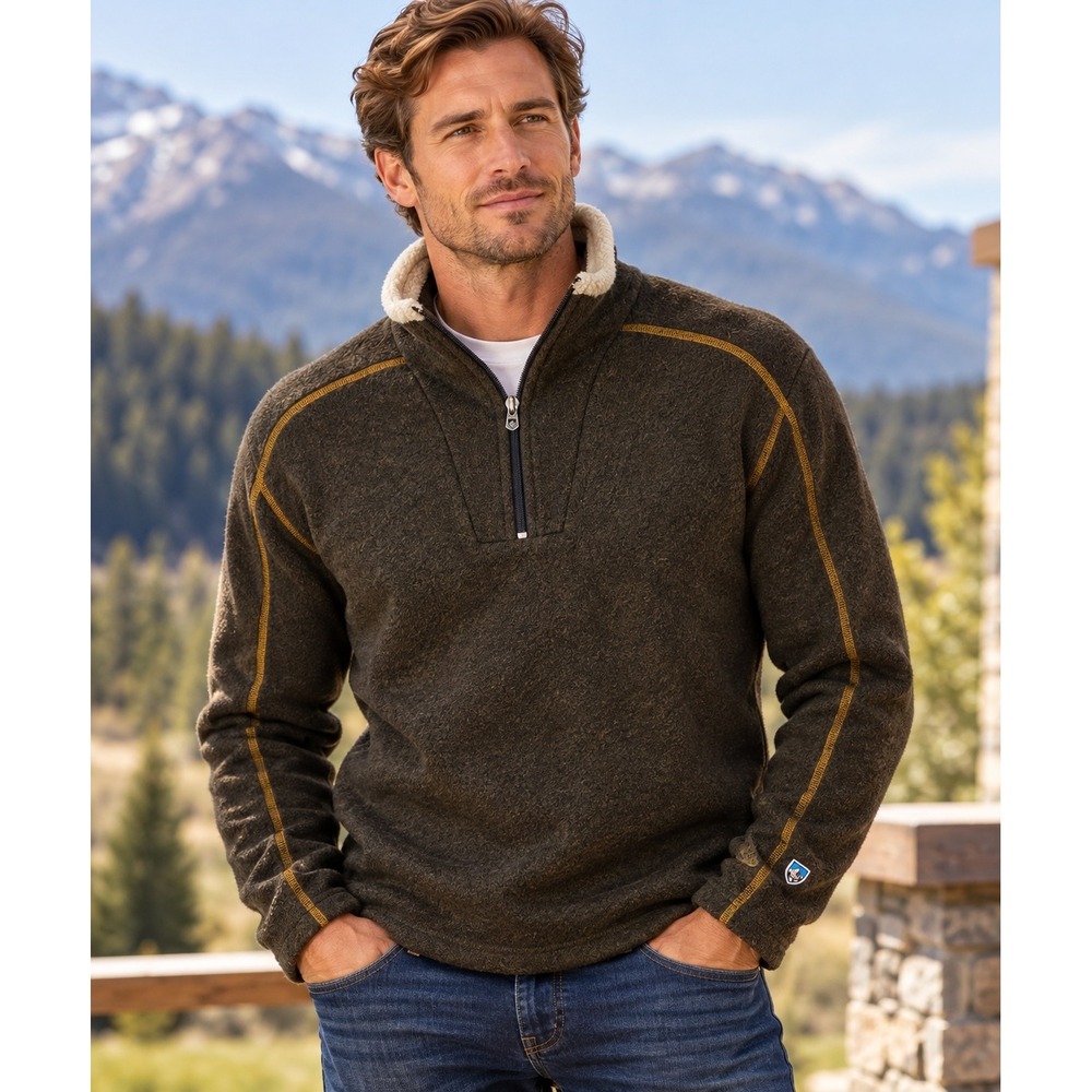 Kuhl Interceptr Alfpaca Fleece 1/4 Zip Pullover Mens XL Brown Olive Hiking